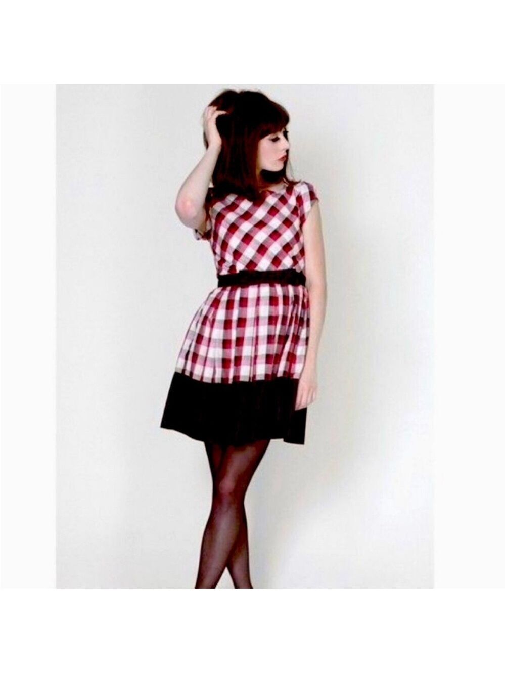Dear Creatures Gillian Dress in Red Black and White Christmas Plaid A line, sz S